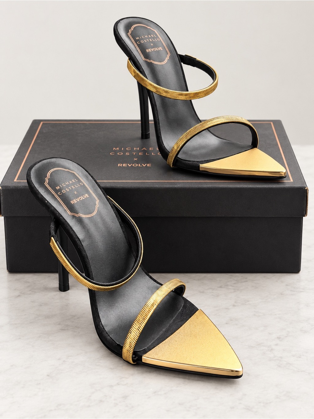 Michael Costello Black and Gold Pointed Toe Stiletto Mules